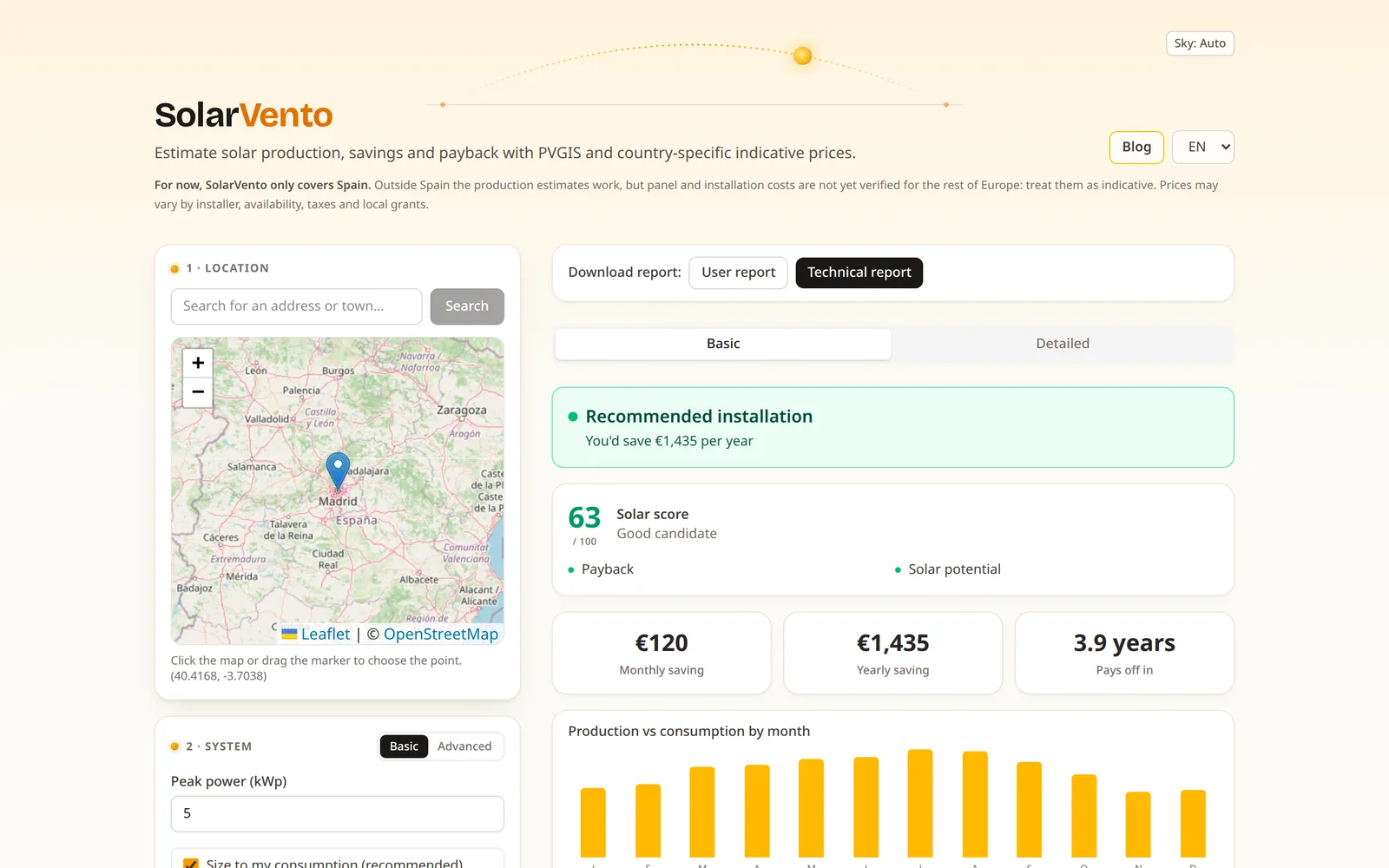 SolarVento: real screenshot of the tool in production